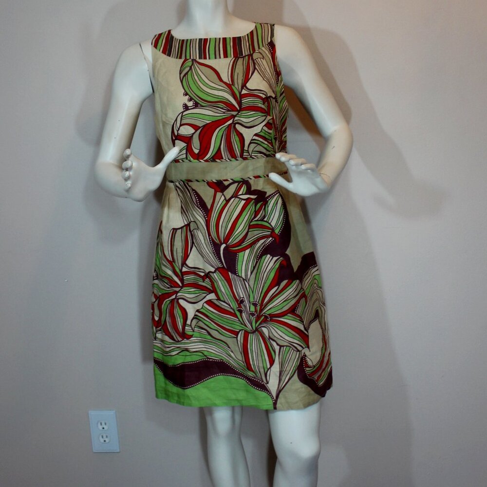 Rene Derhy beige   floral linen blend lined sleeveless side zip dress size Large